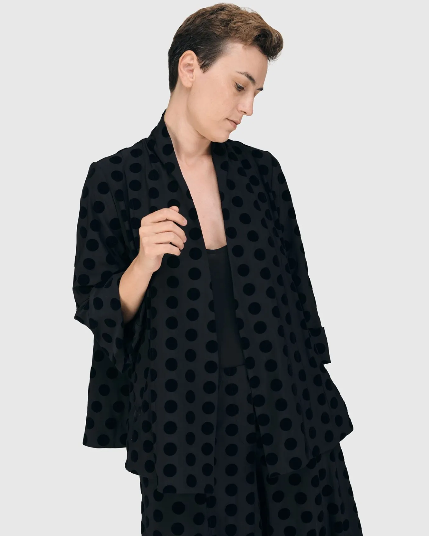 Women Alembika Plus<Dot Flocked Swing Jacket, Black