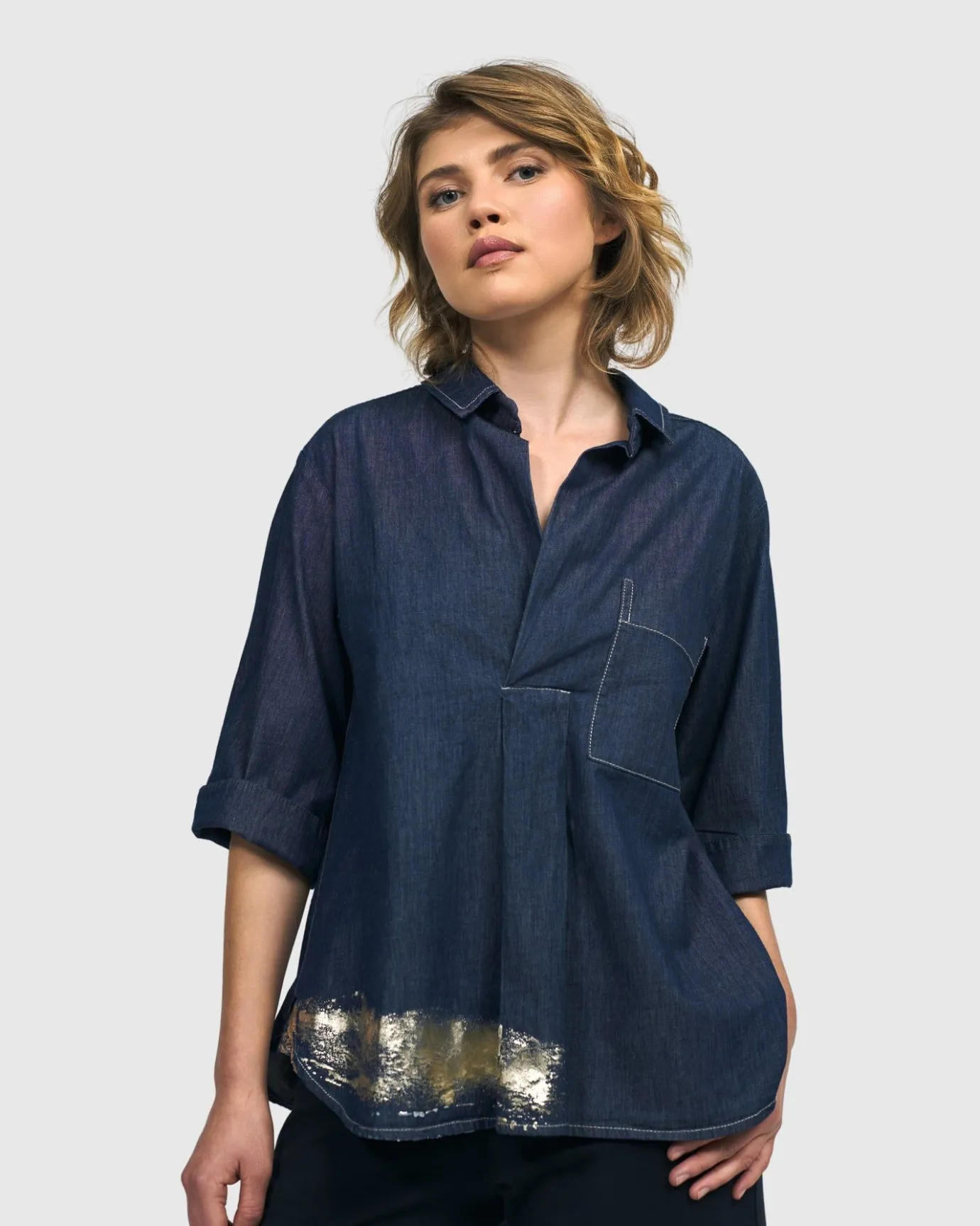 Women Alembika Plus<Tallahassee Popover Blouse, Denim