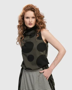 Women Alembika Tops & Tunics<Urban Dots Sleeveless Mockneck Top, Khaki